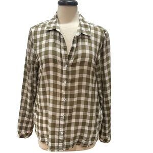 Bella Dahl Plaid Button Front Shirt Side Button Long Sleeve SZ L Olive White